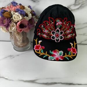 Embroidered Black Baseball Cap with Floral Design Open Back For High‎ Ponytail